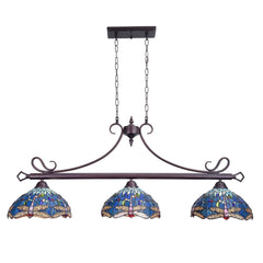 Capulina Tiffany Pool Table Lights 3-Light 45 Inches Wide Pendant Light Antique Blue Dragonfly Style Farmhouse Chandelier for Dining Room Kitchen Island