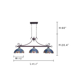 Capulina Tiffany Pool Table Lights 3-Light 45 Inches Wide Pendant Light Antique Blue Dragonfly Style Farmhouse Chandelier for Dining Room Kitchen Island