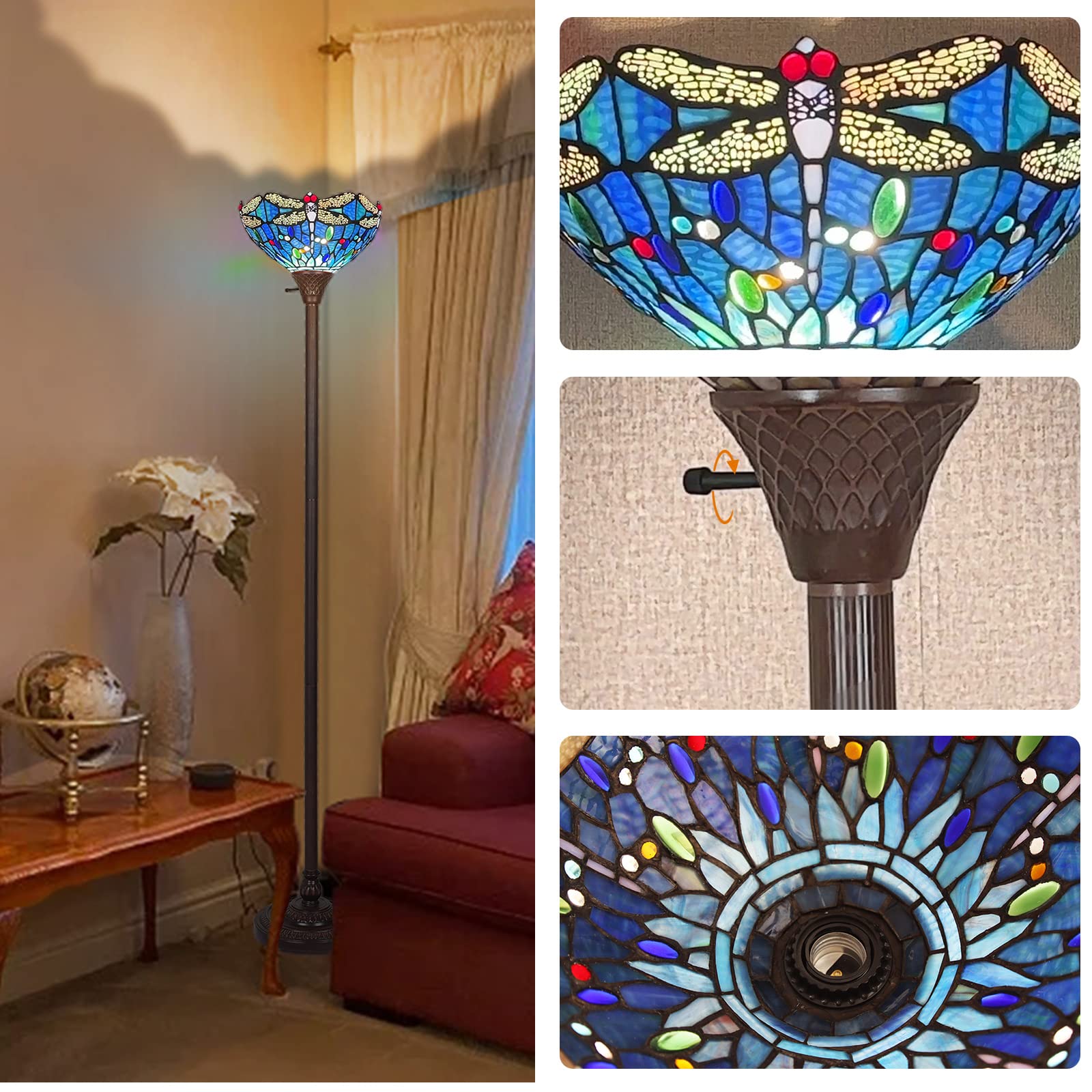 Capulina Tiffany Floor Lamp Industrial Pole Vintage Dragonfly Style