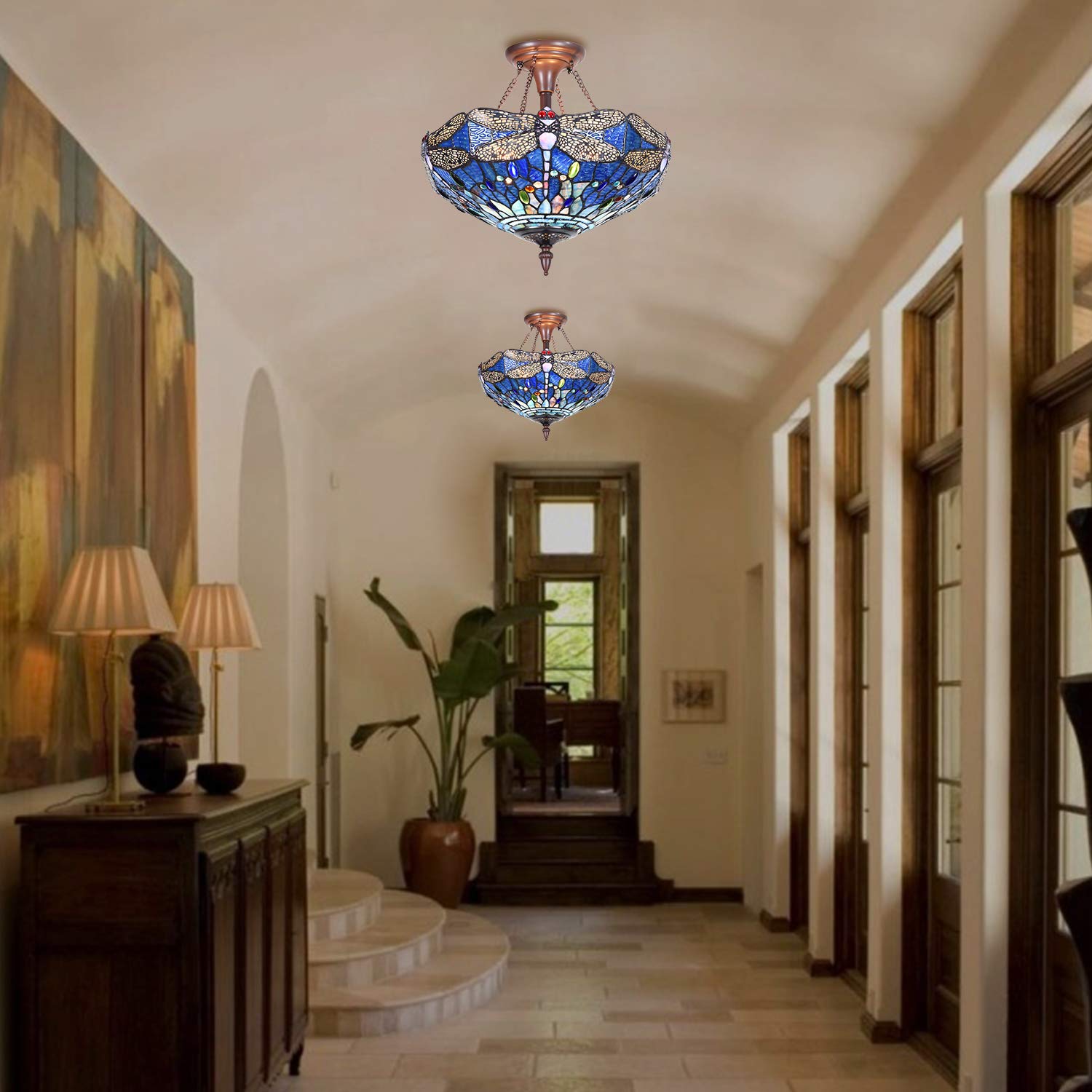 Capulina Tiffany Ceiling Light Pendant Lamp Dragonfly Stained Glass Ceiling