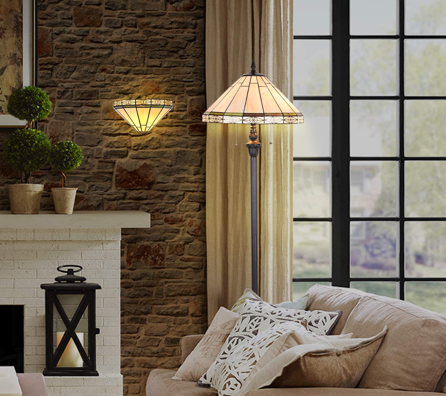 Capulina Tiffany Floor Lamp 2-Light 18 Inches Wide Blackish Bronze Pole Cream Stained Glass Standing Reading Light for Living Room Bedroom Office Home