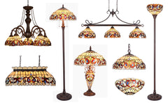 Capulina Tiffany Style Pendant Light Chandeliers 5-Light 26 Inches Wide Cream Brown Vintage Style Stained Glass Hangings Lamp for Dining Room Foyer Kitchen Island