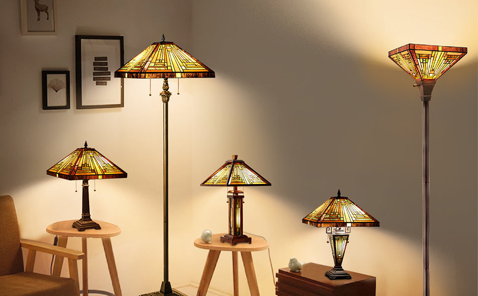 Capulina Tiffany Floor Lamp 2-Light 16X16X63 Inches Amber Brown Mission Antique Style Stained Glass Standing Reading Light for Living Room Bedroom Office