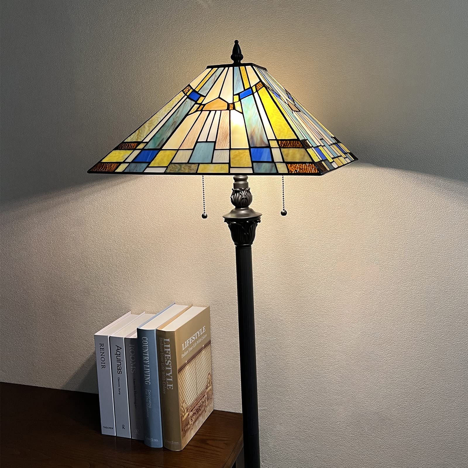 Capulina Tiffany Floor Lamp 2-Light Industrial Blackish Bronze Pole Stained Glass