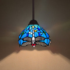 Capulina Tiffany Mini Pendant Light Victorian Rustic Style Blue Dragonfly Stained Glass
