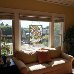 Capulina Sunflower Humming Bird Rectangle Stained Glass Window Tiffany Glass