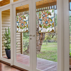 Capulina Sunflower Humming Bird Rectangle Stained Glass Window Tiffany Glass