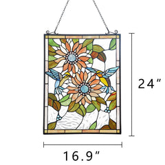 Capulina Sunflower Humming Bird Rectangle Stained Glass Window Tiffany Glass