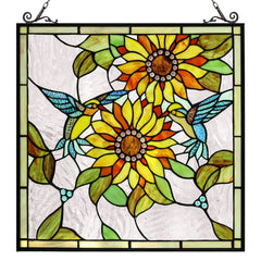 Capulina Sunflower and Birds Large Stained Glass Window Hangings Tiffany Glass