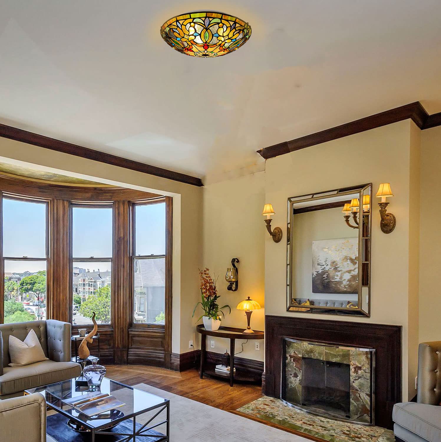 Artzone Tiffany Stained Glass Flush Mount Ceiling Light