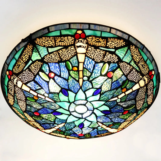 Tiffany Flush Mount Ceiling Light Blue Dragonfly Stained Glass 3-Light 16 Inch
