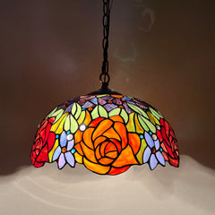 Capulina Tiffany Lamp Red Rose Stained Glass Pendant Lights 2-Light