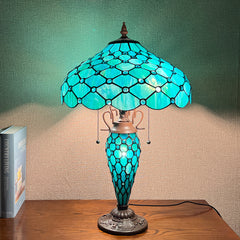 Capulina Tiffany Lamp Stained Glass Table Lamp 3-Light 16x16x24 Inches Mother-Daughter Vase Seagrass Blue Beads Tiffany Style Desk Reading Lamp Decor for Home Office Bedroom Living Room