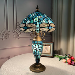 Tiffany Table Lamp with Nighlight [W12''xH24''], Tiffany Table Lights Antique Stained Glass Bedside Table Lamp for Bedside/Desk Reading/Living Room/Home Office/Bedroom(Dragonfly)