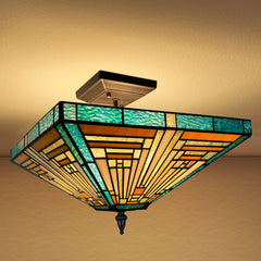 Capulina Tiffany Lamp Stained Glass Ceiling Light 2-Light 14 Inches Wide Amber Green Tiffany Style Semi Flush Mount Ceiling Lamp for Kitchen Porch Entryway Bathroom Hallway