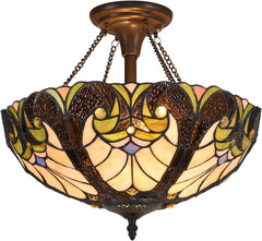 Cotoss Tiffany Style Ceiling Light Fixtures 16” Wide Stained Glass Ceiling Lamp 2-Light Antique Victorian Style Semi Flush Mount Ceiling Lights for Hallway Bedroom Kitchen