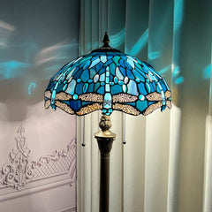 Dragonfly Tiffany Floor Lamp [2-Lights][16''W*64''H]  Stained Glass Floor Lamp Standing Reading Light with Pull Chain Control for Living Room/Bedroom/Home Office/Study