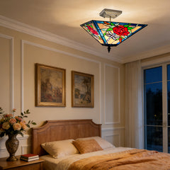 Tiffany Semi Flush Mount Ceiling Light — Rose Stained Glass, W14" × H11", 2-Light