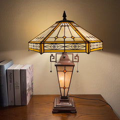 Capulina Tiffany Stained Glass Table Lamp 3-Lights 16x16x24 Inches Mother-Daughter Vase Cream Hexagon Desk Reading Lamp for Home Office Bedroom Living Room