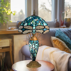 Tiffany Table Lamp with Nighlight [W12''xH24''], Tiffany Table Lights Antique Stained Glass Bedside Table Lamp for Bedside/Desk Reading/Living Room/Home Office/Bedroom(Dragonfly)