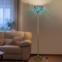 Tiffany Torchiere Floor Lamp,Handcrafted Stained Glass Lamp Shade,Antique Style Standing Corner Light for Living Room and Bedroom(Dragonfly)