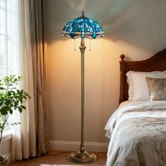 Dragonfly Tiffany Floor Lamp [2-Lights][16''W*64''H]  Stained Glass Floor Lamp Standing Reading Light with Pull Chain Control for Living Room/Bedroom/Home Office/Study