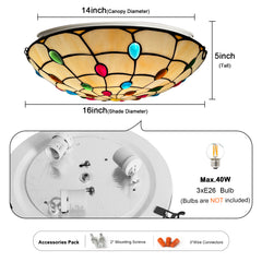 Tiffany Ceiling Lights, Stained Glass Ceiling Light 3-Lights 16 Inch Tiffany Flush Mount Ceiling Light for Bedroom Dining Living Room Entryway Foyer