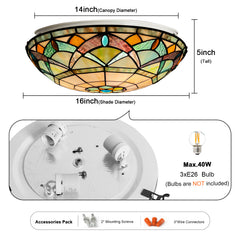 Tiffany Ceiling Lights, Stained Glass Ceiling Light 3-Lights 16 Inch Tiffany Flush Mount Ceiling Light for Bedroom Dining Living Room Entryway Foyer