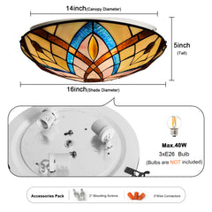 Tiffany Ceiling Lights, Stained Glass Ceiling Light 3-Lights 16 Inch Tiffany Flush Mount Ceiling Light for Bedroom Dining Living Room Entryway Foyer