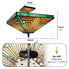 Capulina Tiffany Lamp Stained Glass Ceiling Light 2-Light 14 Inches Wide Amber Green Tiffany Style Semi Flush Mount Ceiling Lamp for Kitchen Porch Entryway Bathroom Hallway