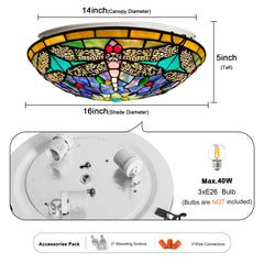 ARTZONE Tiffany Ceiling Lights, Stained Glass Ceiling Light 3-Lights 16 Inch Tiffany Flush Mount Ceiling Light for Bedroom Dining Living Room Entryway Foyer