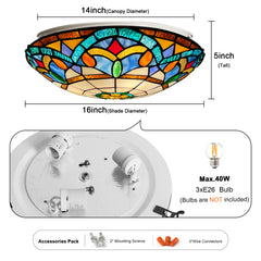 Tiffany Ceiling Lights, Stained Glass Ceiling Light 3-Lights 16 Inch Tiffany Flush Mount Ceiling Light for Bedroom Dining Living Room Entryway Foyer