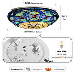 Tiffany Ceiling Lights, Stained Glass Ceiling Light 3-Lights 16 Inch Tiffany Flush Mount Ceiling Light for Bedroom Dining Living Room Entryway Foyer