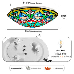 Tiffany Ceiling Lights, Stained Glass Ceiling Light 3-Lights 16 Inch Tiffany Flush Mount Ceiling Light for Bedroom Dining Living Room Entryway Foyer