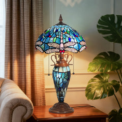 Capulina Tiffany Lamp Stained Glass Table Lamp Mother-Daughter Vase 3-Light 12X12X20 Inches Antique Blue Dragonfly Tiffany Style Desk Lamp for Home Office Living Room Bedroom