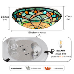 Tiffany Ceiling Lights, Stained Glass Ceiling Light 2-Lights 12 Inch Tiffany Flush Mount Ceiling Light for Bedroom Dining Living Room Entryway Foyer