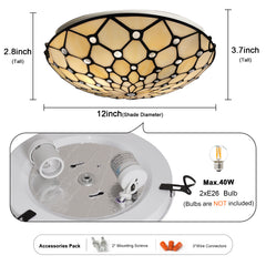 Tiffany Ceiling Lights, Stained Glass Ceiling Light 2-Lights 12 Inch Tiffany Flush Mount Ceiling Light for Bedroom Dining Living Room Entryway Foyer