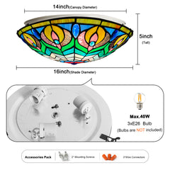 Tiffany Ceiling Lights, Stained Glass Ceiling Light 3-Lights 16 Inch Tiffany Flush Mount Ceiling Light for Bedroom Dining Living Room Entryway Foyer