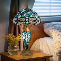 Tiffany Table Lamp with Nighlight [W12''xH24''], Tiffany Table Lights Antique Stained Glass Bedside Table Lamp for Bedside/Desk Reading/Living Room/Home Office/Bedroom(Dragonfly)