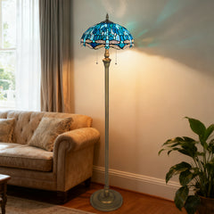 Dragonfly Tiffany Floor Lamp [2-Lights][16''W*64''H]  Stained Glass Floor Lamp Standing Reading Light with Pull Chain Control for Living Room/Bedroom/Home Office/Study