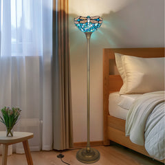 Tiffany Torchiere Floor Lamp,Handcrafted Stained Glass Lamp Shade,Antique Style Standing Corner Light for Living Room and Bedroom(Dragonfly)