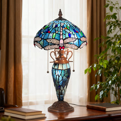 Capulina Tiffany Lamp Stained Glass Table Lamp Mother-Daughter Vase 3-Light 12X12X20 Inches Antique Blue Dragonfly Tiffany Style Desk Lamp for Home Office Living Room Bedroom