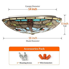 ARTZONE Tiffany Ceiling Lights, Stained Glass Ceiling Light 3-Lights 16 Inch Tiffany Flush Mount Ceiling Light Fixture for Bedroom Dining Living Room Entryway Foyer(Brown Dragonfly)