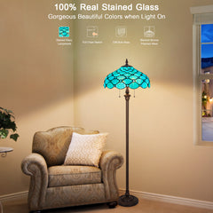 Capulina Tiffany Lamp Stained Glass Floor Lamp 2-Light 16X16X63 Inches Seagrass Blue Beads Tiffany Style Standing Reading Lamp for Living Room Bedroom Home Office