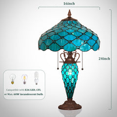 Capulina Tiffany Lamp Stained Glass Table Lamp 3-Light 16x16x24 Inches Mother-Daughter Vase Seagrass Blue Beads Tiffany Style Desk Reading Lamp Decor for Home Office Bedroom Living Room