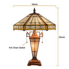 Capulina Tiffany Stained Glass Table Lamp 3-Lights 16x16x24 Inches Mother-Daughter Vase Cream Hexagon Desk Reading Lamp for Home Office Bedroom Living Room