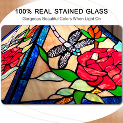 Tiffany Pendant Light — Rose & Dragonfly Stained Glass, W16" Adjustable Height