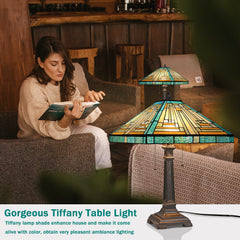 Capulina Tiffany Lamp Amber Green Mission Stained Glass Table Lamp 2-Light