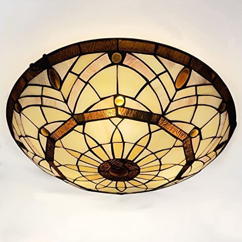 ARTZONE Tiffany Ceiling Lights, Stained Glass Ceiling Light 3-Lights 16 Inch Tiffany Flush Mount Ceiling Light Fixture for Bedroom Dining Living Room Entryway Foyer(Amber Brown)