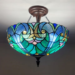 Cotoss Tiffany Style Ceiling Light Fixtures 16” Wide Stained Glass Lamp Shade 2-Light Classical Victorian Style Semi Flush Mount Ceiling Light for Hallway Bedroom Kitchen